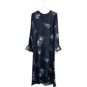 Zara Womens Maxi Dress Size L Navy Blue Printed Long Sleeve Floral 8788/064 NWT